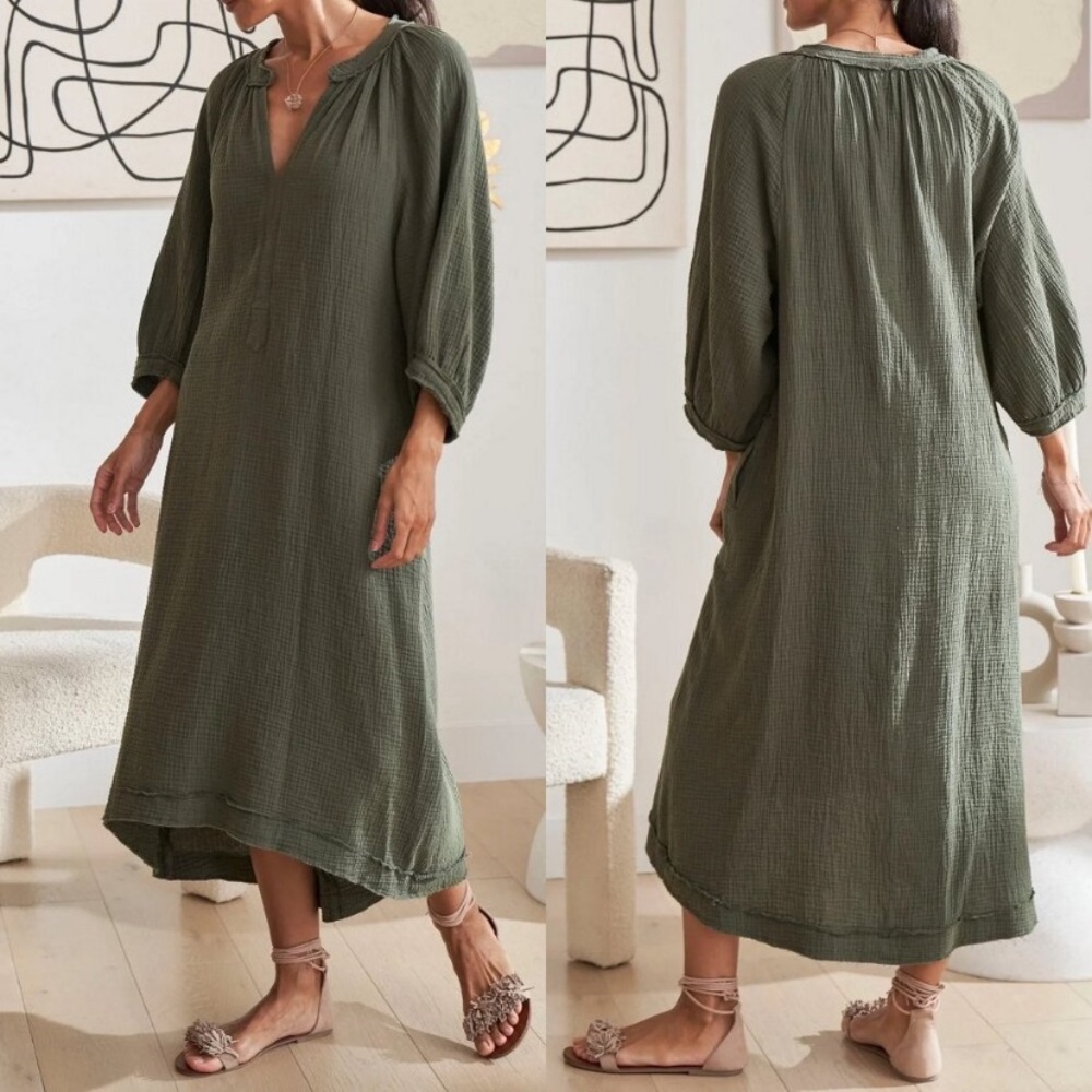 Ocean + Main Green Gauze Cotton Caftan Maxi Dress